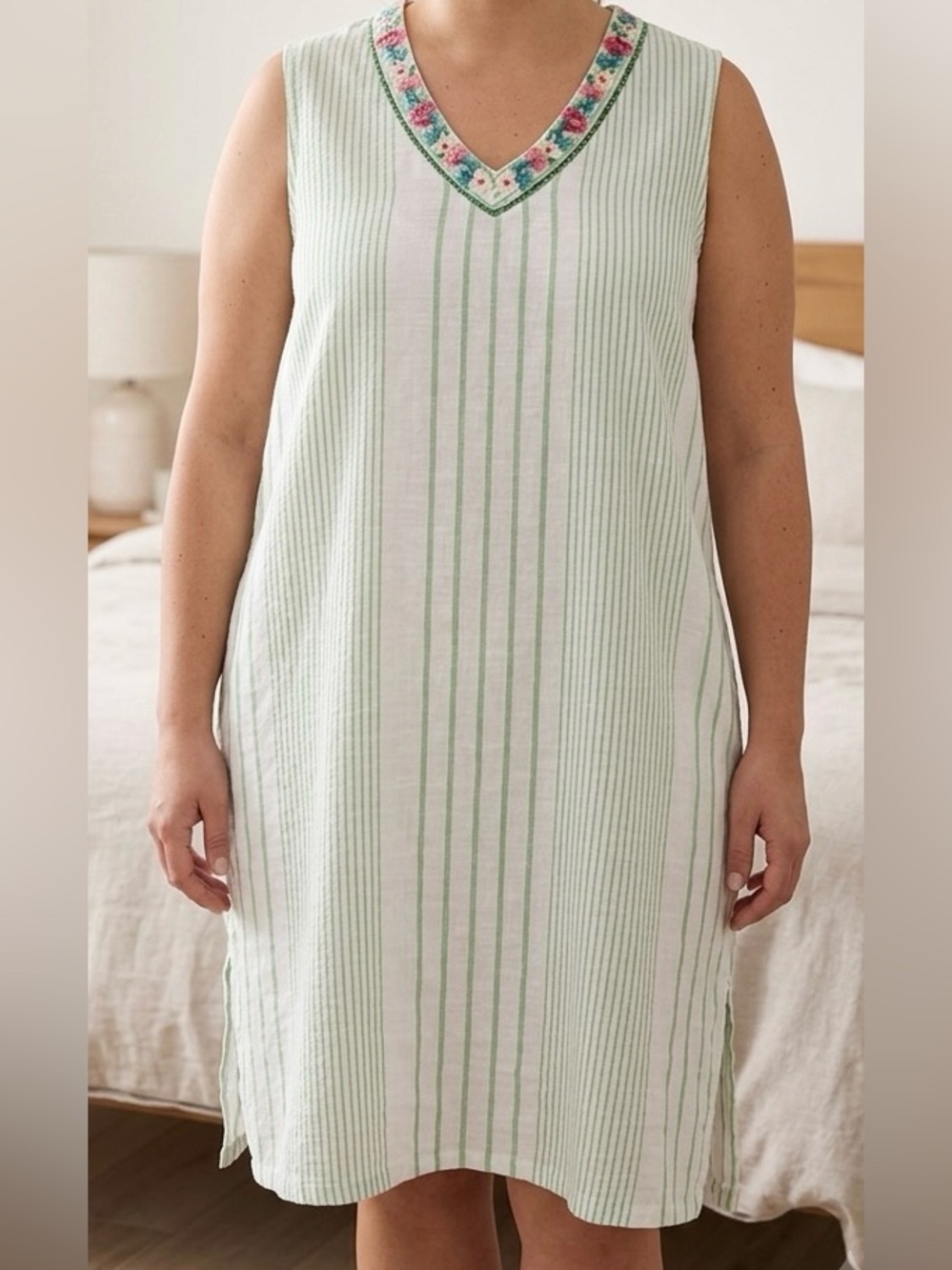 APRIL CORNELL Vintage Cottagecore Embroidered Striped Nightgown Tunic - Size XL